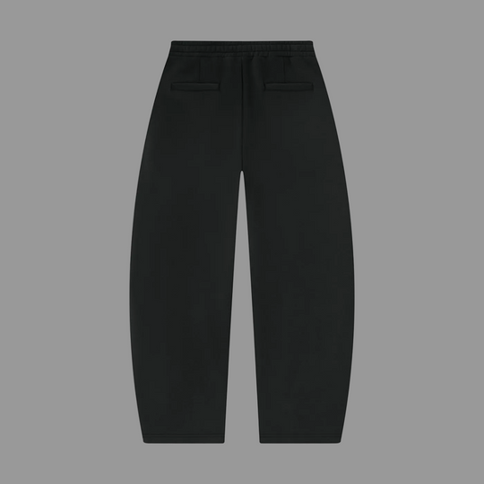 Black wide-leg cropped pants with a front fly and two welt pockets on the back, shown flat against a solid white background.