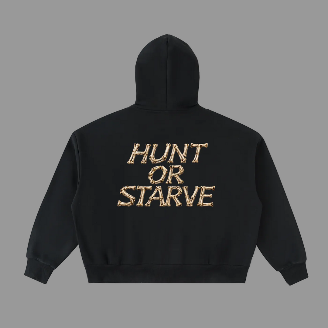 A black pullover hoodie shown from the back, featuring the phrase &