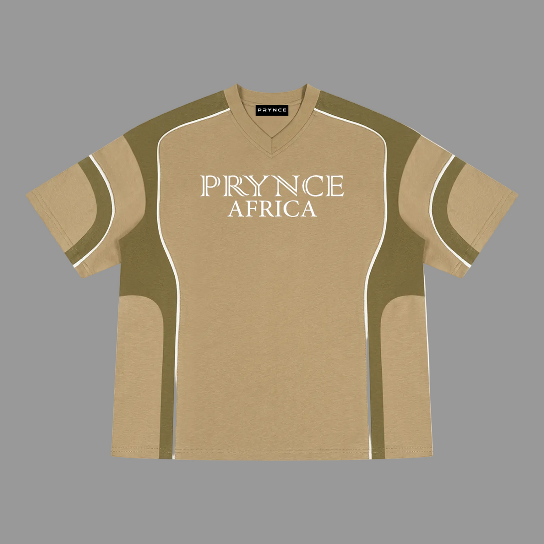 A tan and olive green colorblock V-neck t-shirt with &