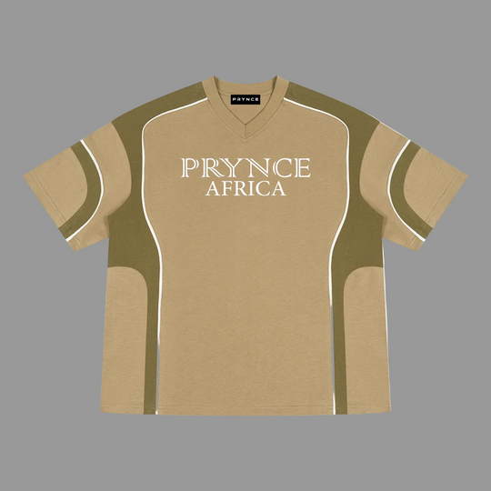 A tan and olive green colorblock V-neck t-shirt with &