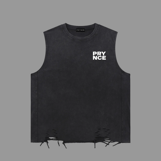 A black washed sleeveless crop top with distressed frayed edges and a white &