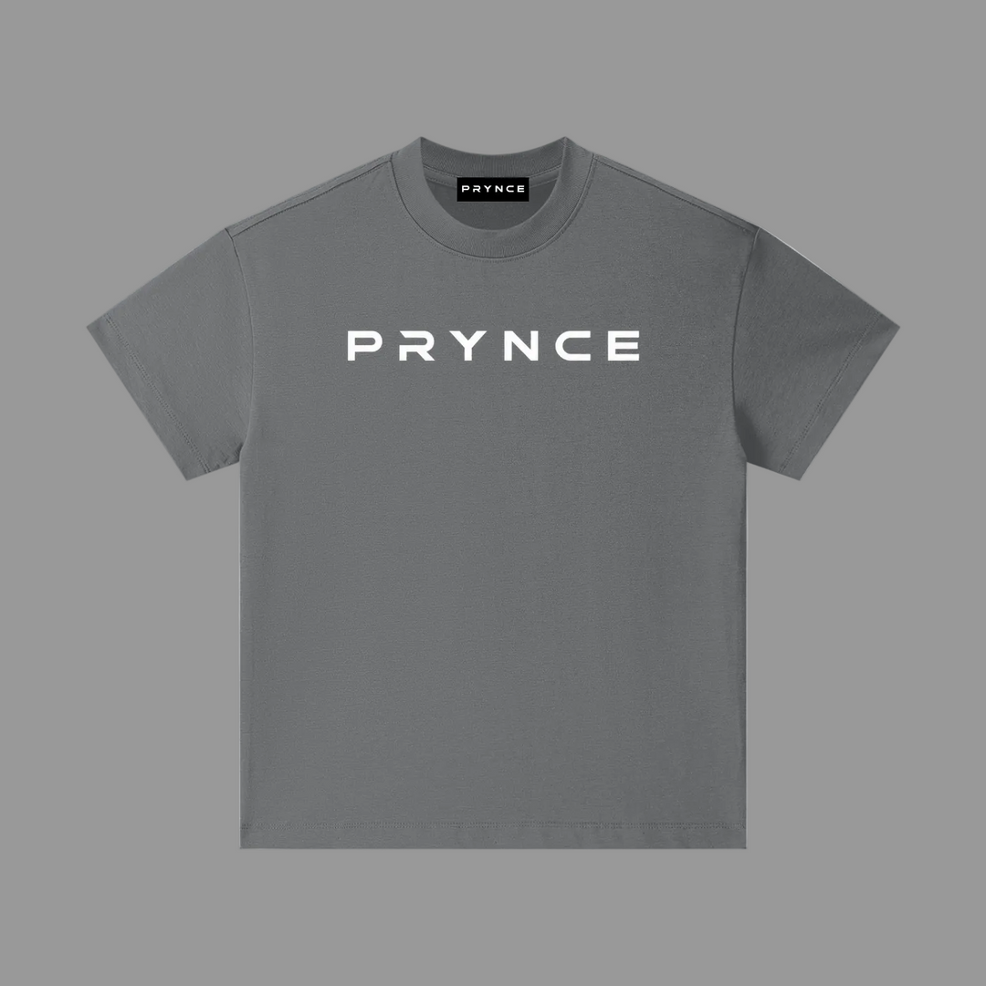 Black t-shirt with a brand logo on a grey background