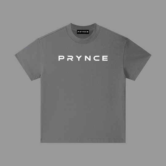 Black t-shirt with a brand logo on a grey background