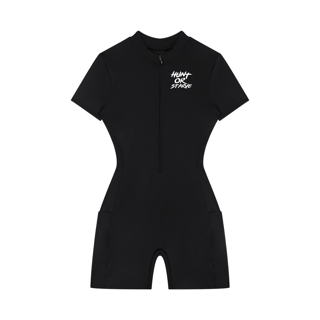 A black short-sleeve one-piece swimsuit with a half-zip neckline and a white &
