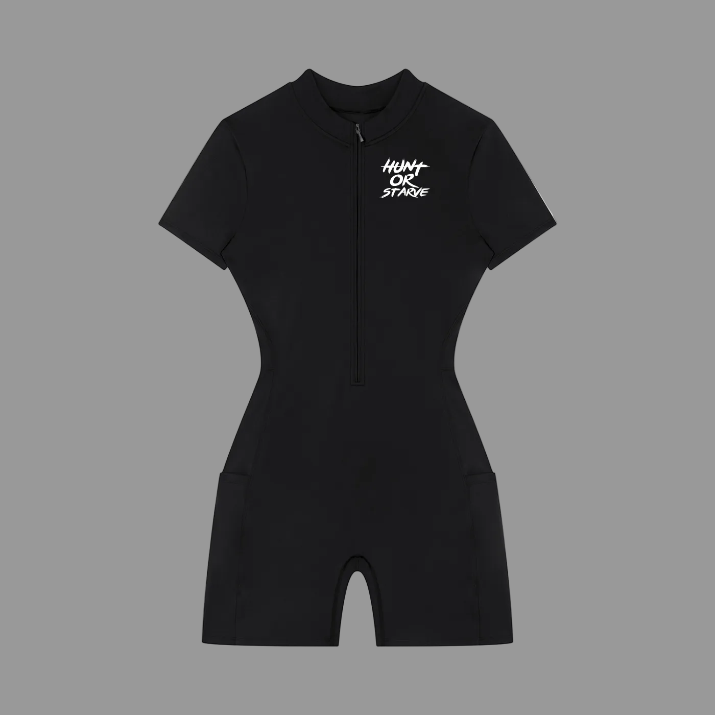 A black short-sleeve one-piece swimsuit with a half-zip neckline and a white 'HUNT OR STRAGE' graphic on the left chest, displayed on a clean white background.