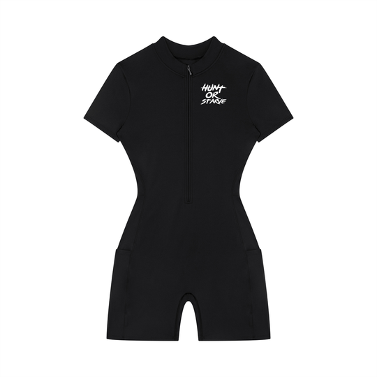 A black short-sleeve one-piece swimsuit with a half-zip neckline and a white &