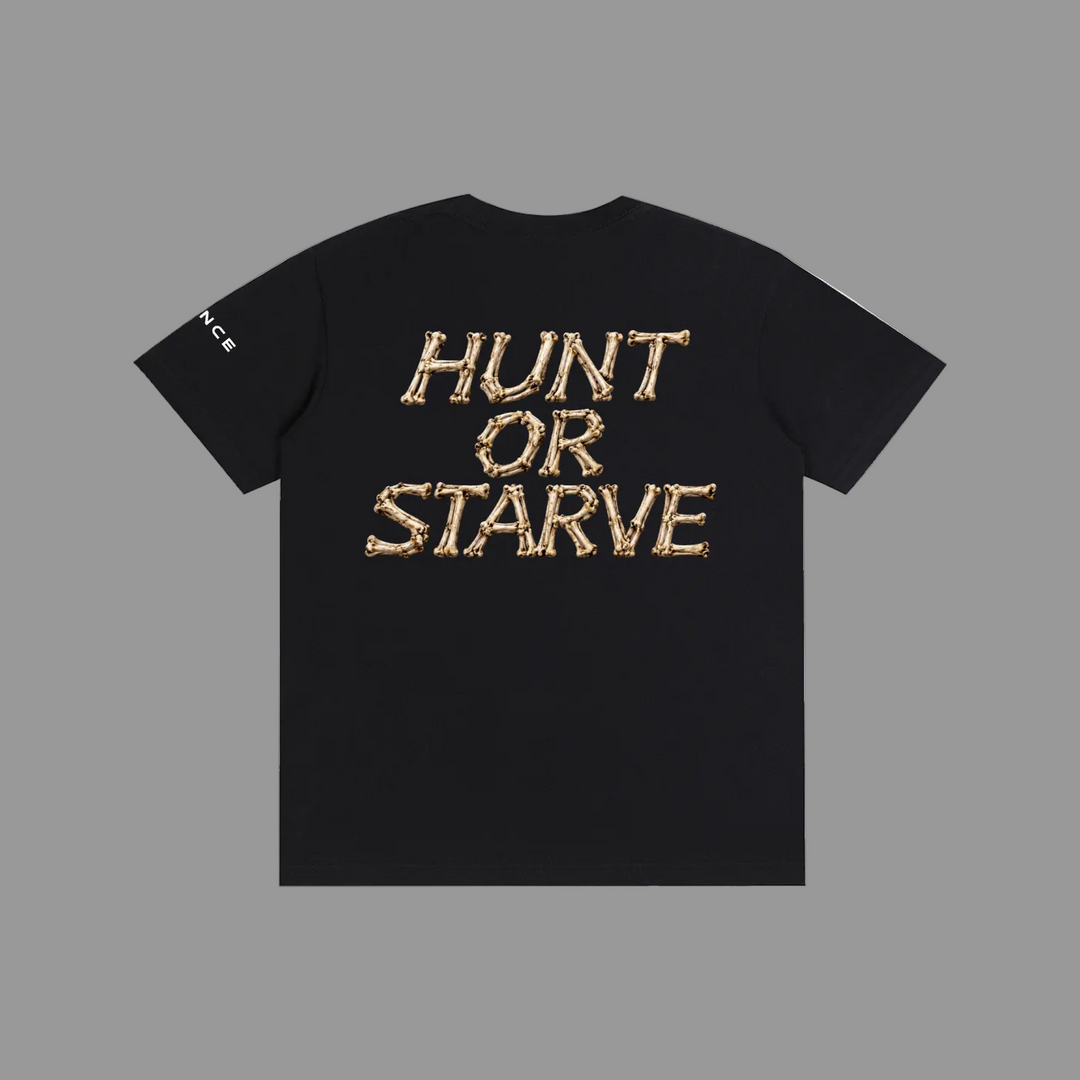 A black short-sleeve t-shirt with &