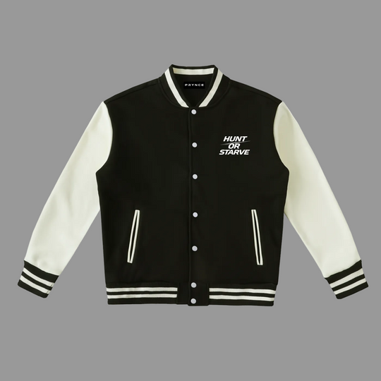 Black and white varsity jacket with text on a white background