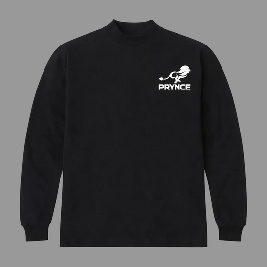 Black long-sleeve shirt with a white logo and text on a white background
