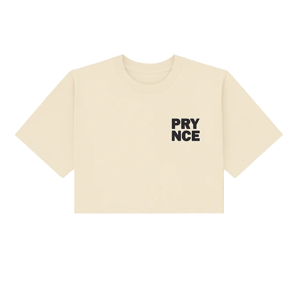 Beige t-shirt with 'PRYNCE' text on a white background