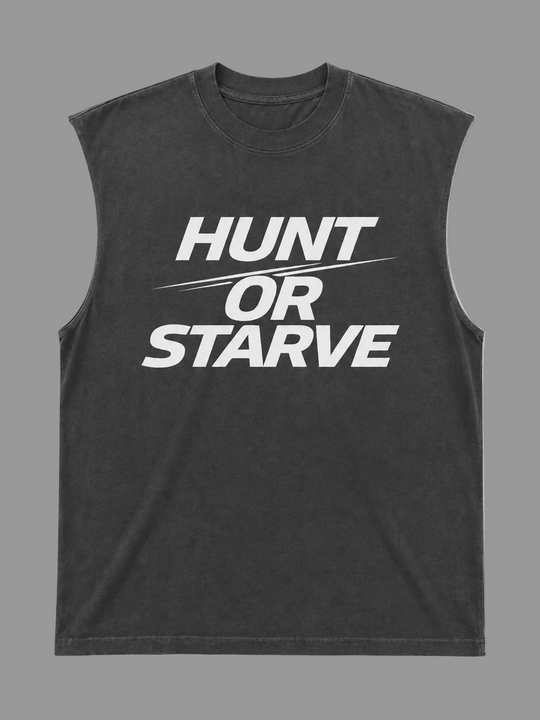 A dark gray sleeveless muscle t-shirt with a white graphic text print reading &