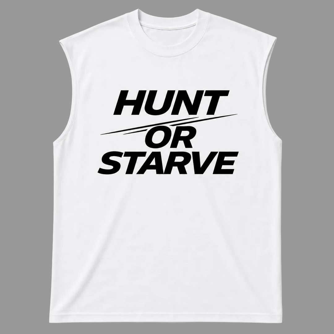 A white sleeveless muscle t-shirt with the bold black text &