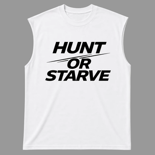 A white sleeveless muscle t-shirt with the bold black text &