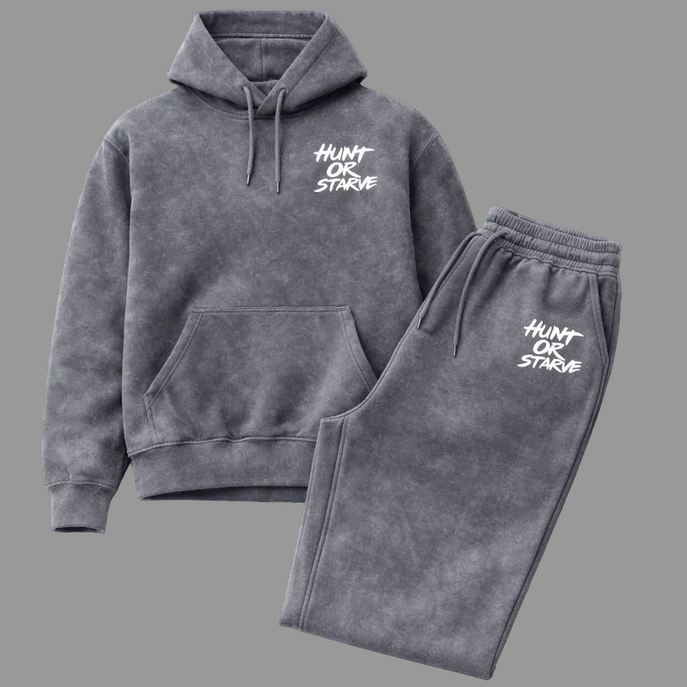 Gray hoodie and pants set with 'Hunt or Starve' text on a white background
