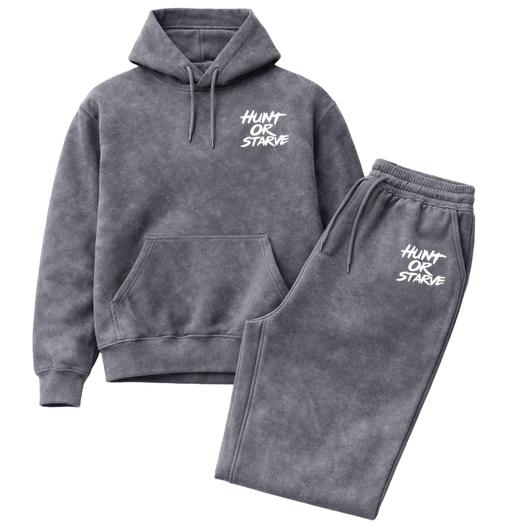 Gray hoodie and pants set with 'Hunt or Starve' text on a white background