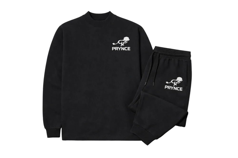 Black sweatshirt and pants set with 'PRYNCE' logo on a white background