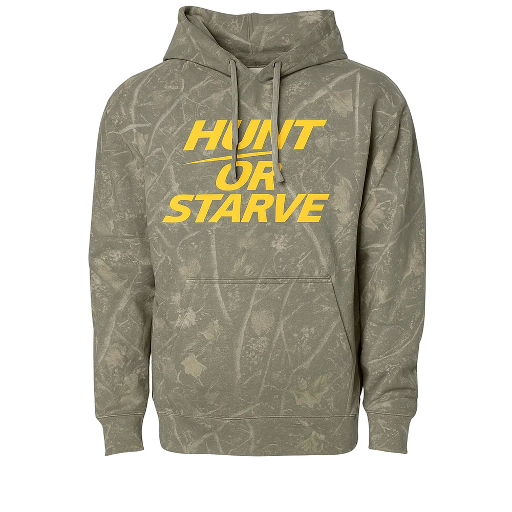 Green camouflage hoodie with 'Hunt or Starve' text on a white background
