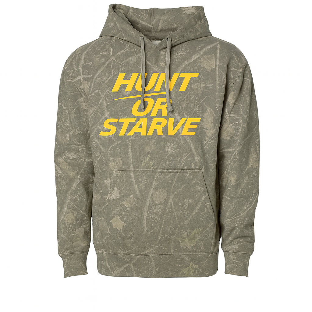 Green camouflage hoodie with 'Hunt or Starve' text on a white background