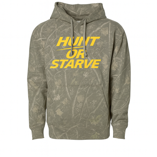Green camouflage hoodie with 'Hunt or Starve' text on a white background