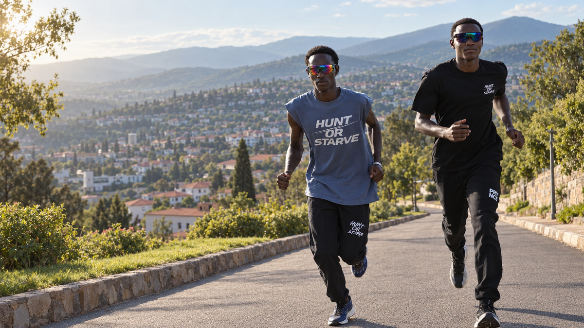 Two men running on an outdoor road with a scenic mountain and town background. The man on the left wears a gray sleeveless shirt with 'HUNT OR STARVE' printed on the front, black joggers, and sunglasses.
