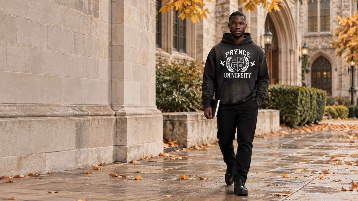 A man walking on a stone campus path wearing a black hoodie with a white printed 'Prynce University' graphic on the chest, black pants, and black shoes, with autumn trees and a stone building in the background.