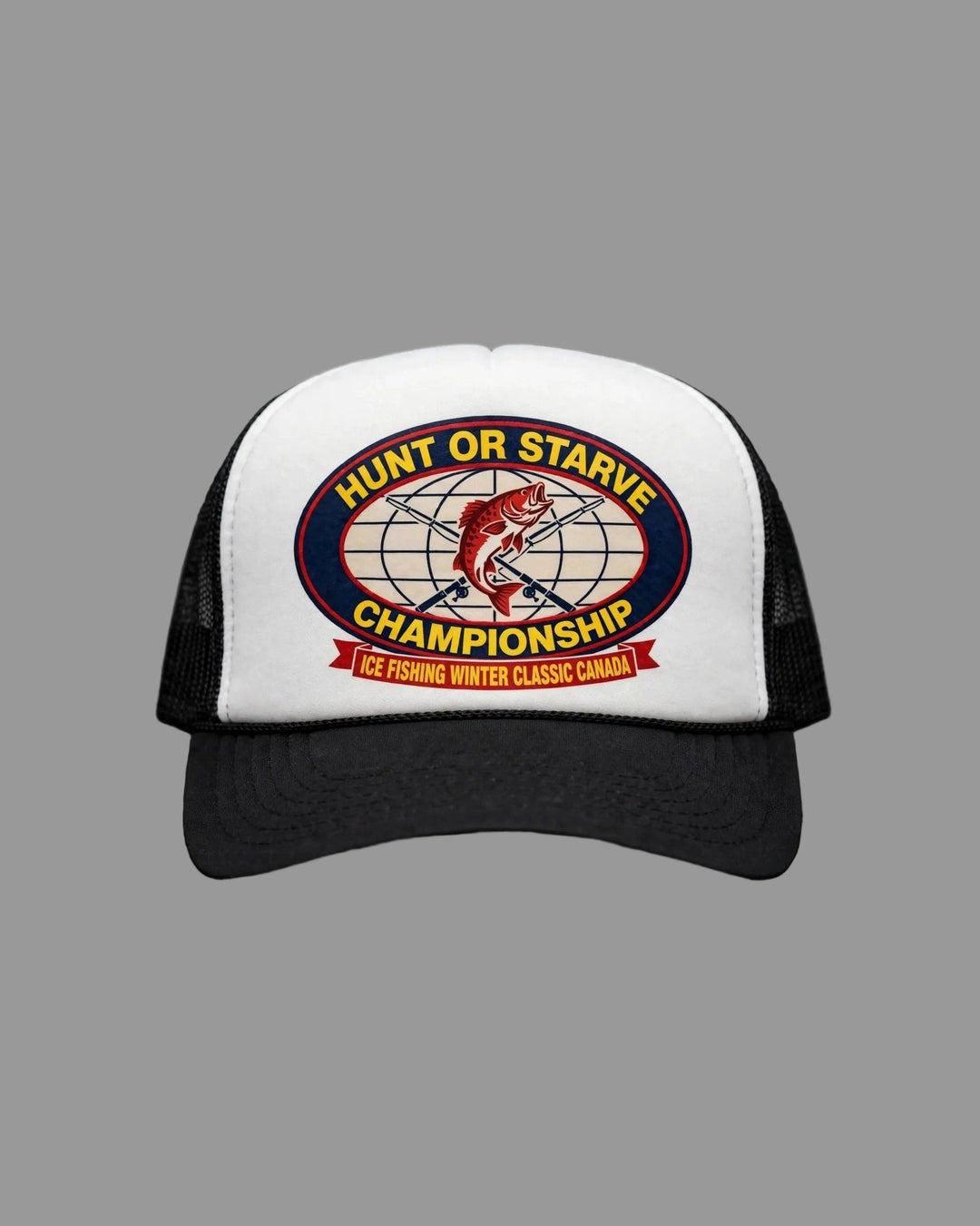 Hunt or Starve Championship Foam Trucker Hat — front view, full hat in frame