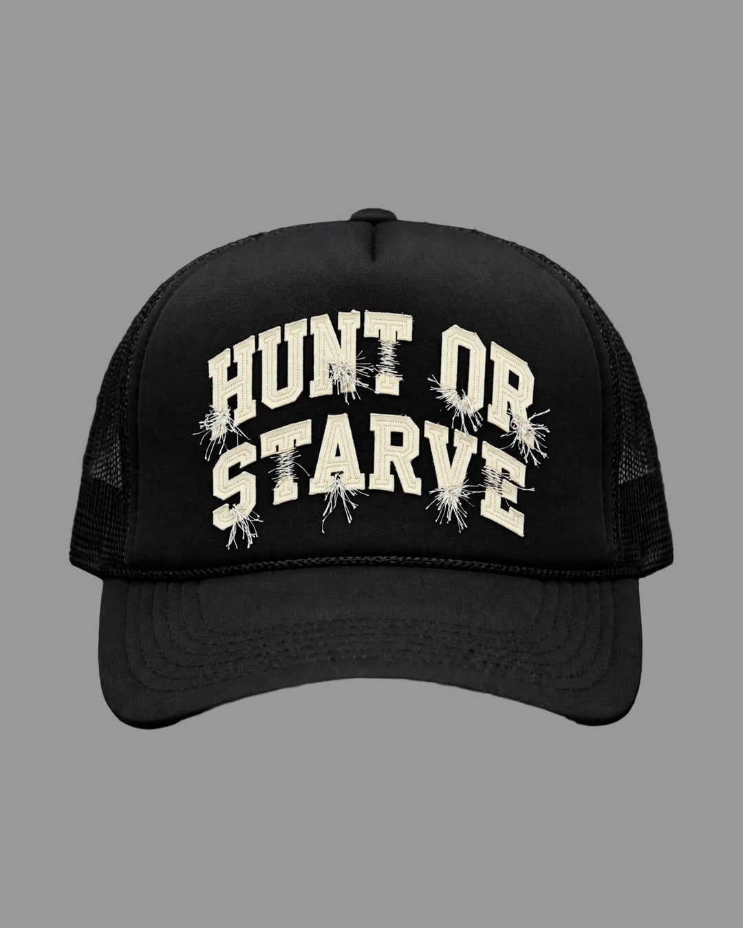 Hunt or Starve Varsity Foam Trucker Hat — front view, full hat in frame
