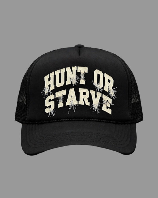 Hunt or Starve Varsity Foam Trucker Hat — front view, full hat in frame