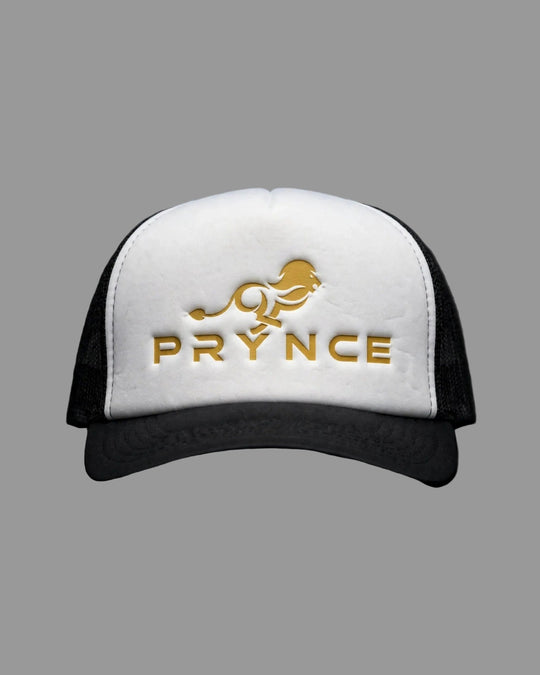 PRYNCE Gold Lockup Foam Trucker Hat — front