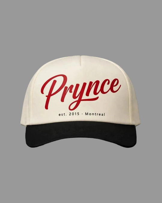 PRYNCE Script Foam Trucker Hat — front view, full hat in frame