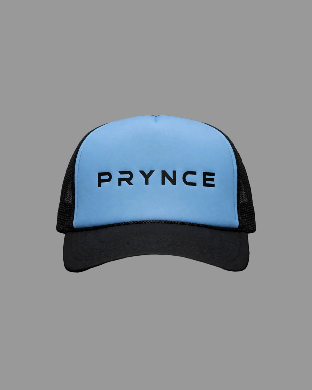 PRYNCE Sky Wordmark Foam Trucker Hat — front view, full hat in frame