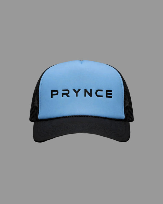 PRYNCE Sky Wordmark Foam Trucker Hat — front view, full hat in frame