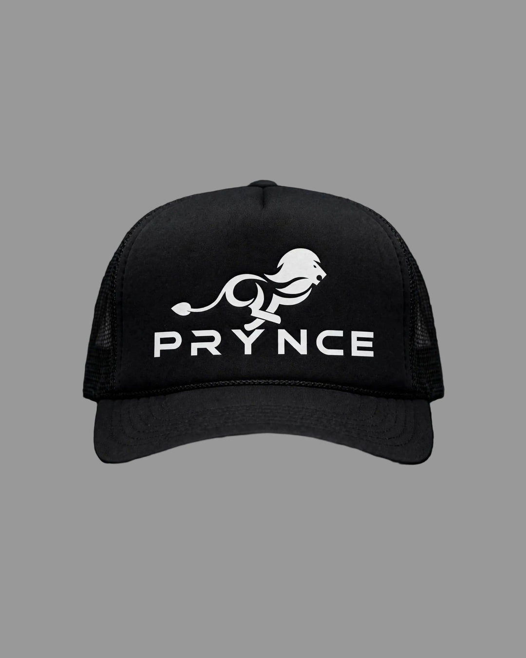 PRYNCE White Lockup Foam Trucker Hat — front view, full hat in frame