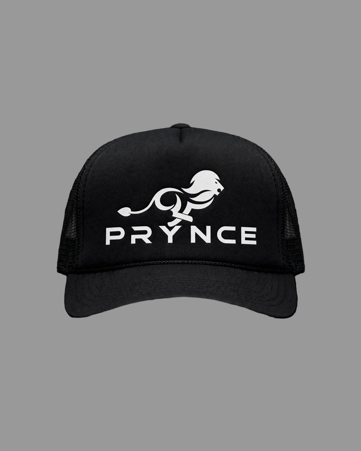 PRYNCE White Lockup Foam Trucker Hat — front view, full hat in frame