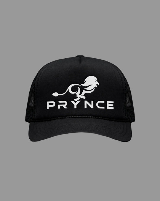 PRYNCE White Lockup Foam Trucker Hat — front view, full hat in frame