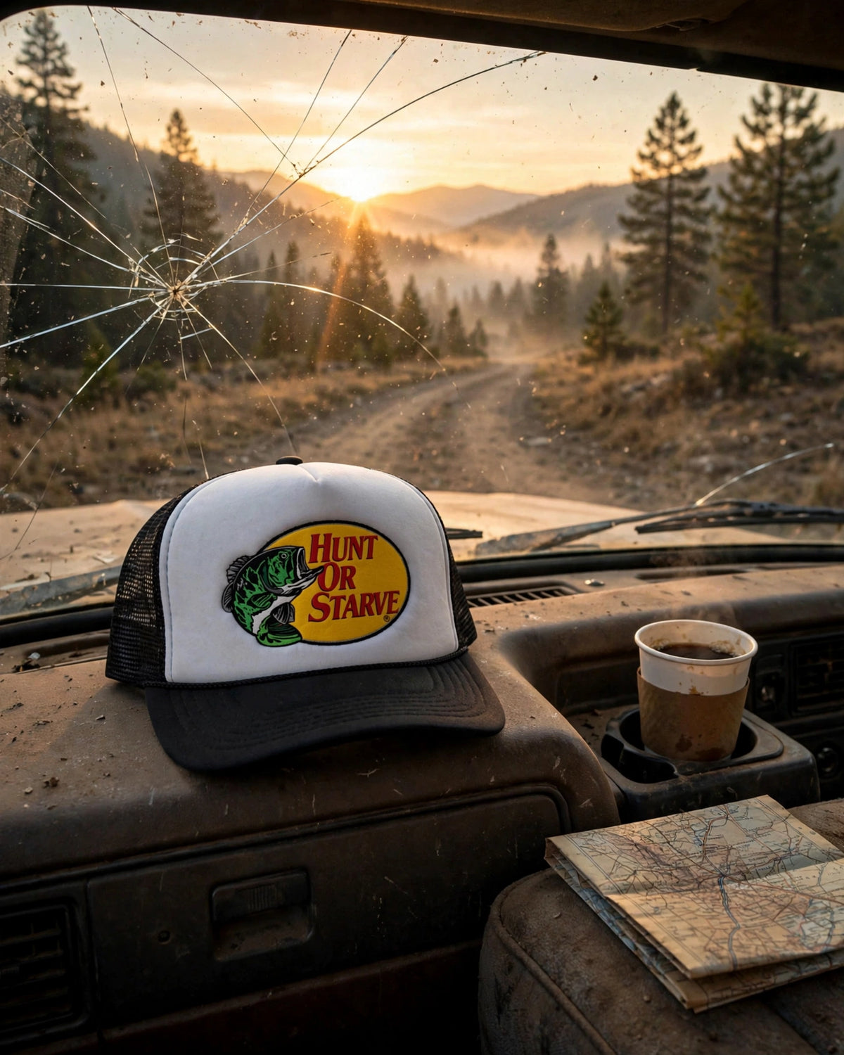 Black and white HUNT OR STARVE Foam Trucker Hat with bass logo on a truck dashboard at sunrise, forest road trip