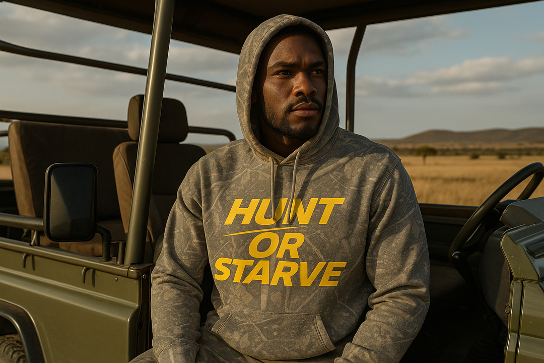 Man wearing a hoodie with 'Hunt or Starve' text in a vehicle in a desert setting