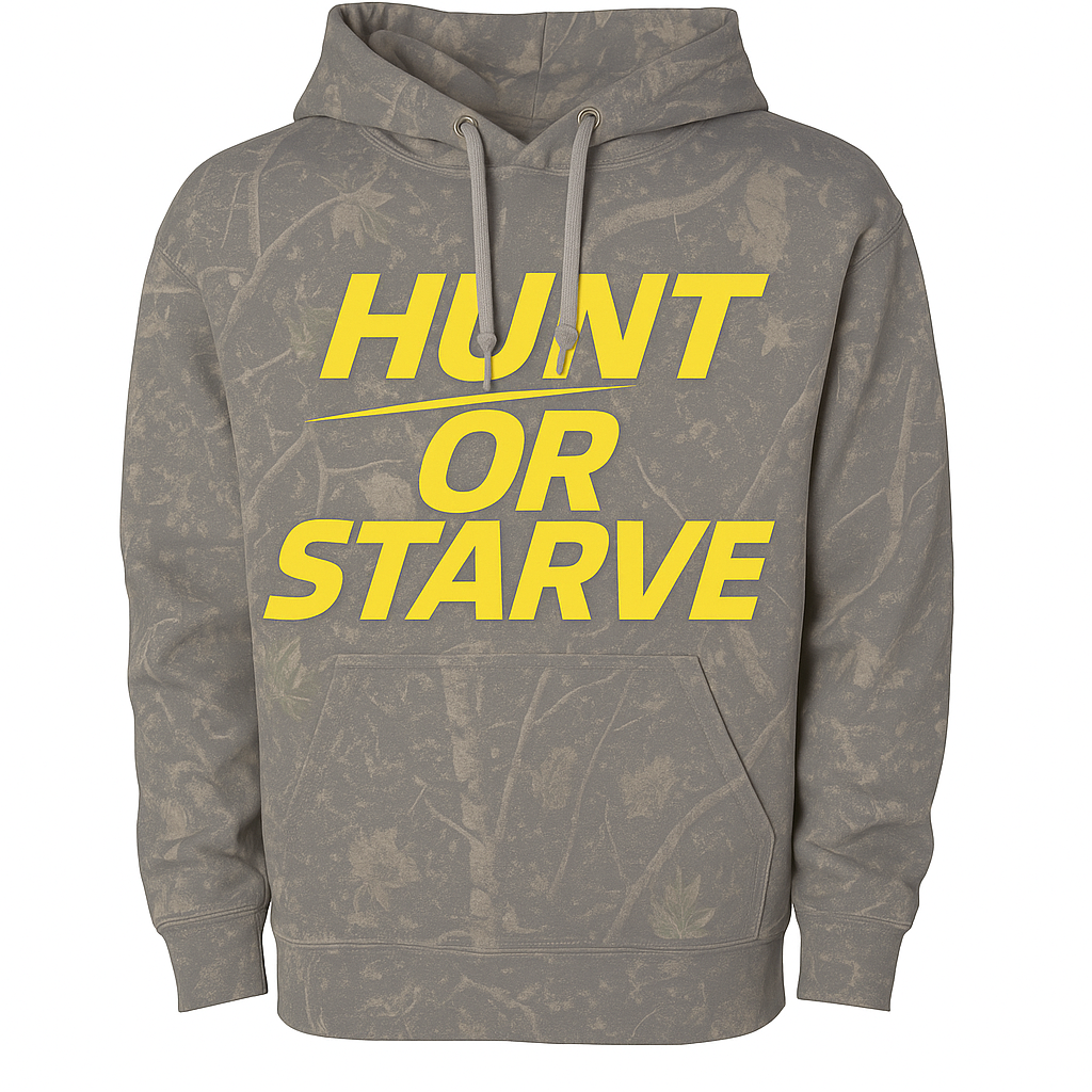 Gray hoodie with 'HUNT OR STARVE' text in yellow on a white background