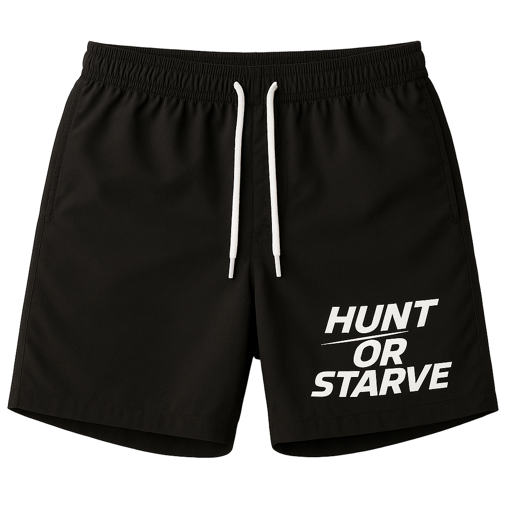 Black shorts with 'Hunt or Starve' text on a beige background