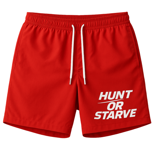 Red shorts with 'HUNT OR STARVE' text on a white background