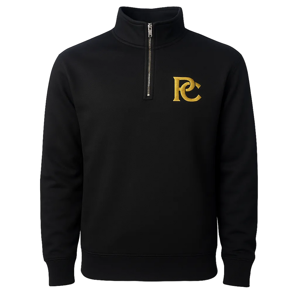 Black quarter-zip sweatshirt with a gold logo on a white background
