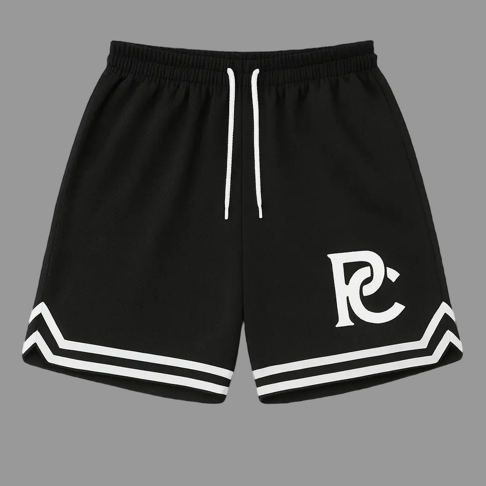 Black shorts with a white logo on a white background
