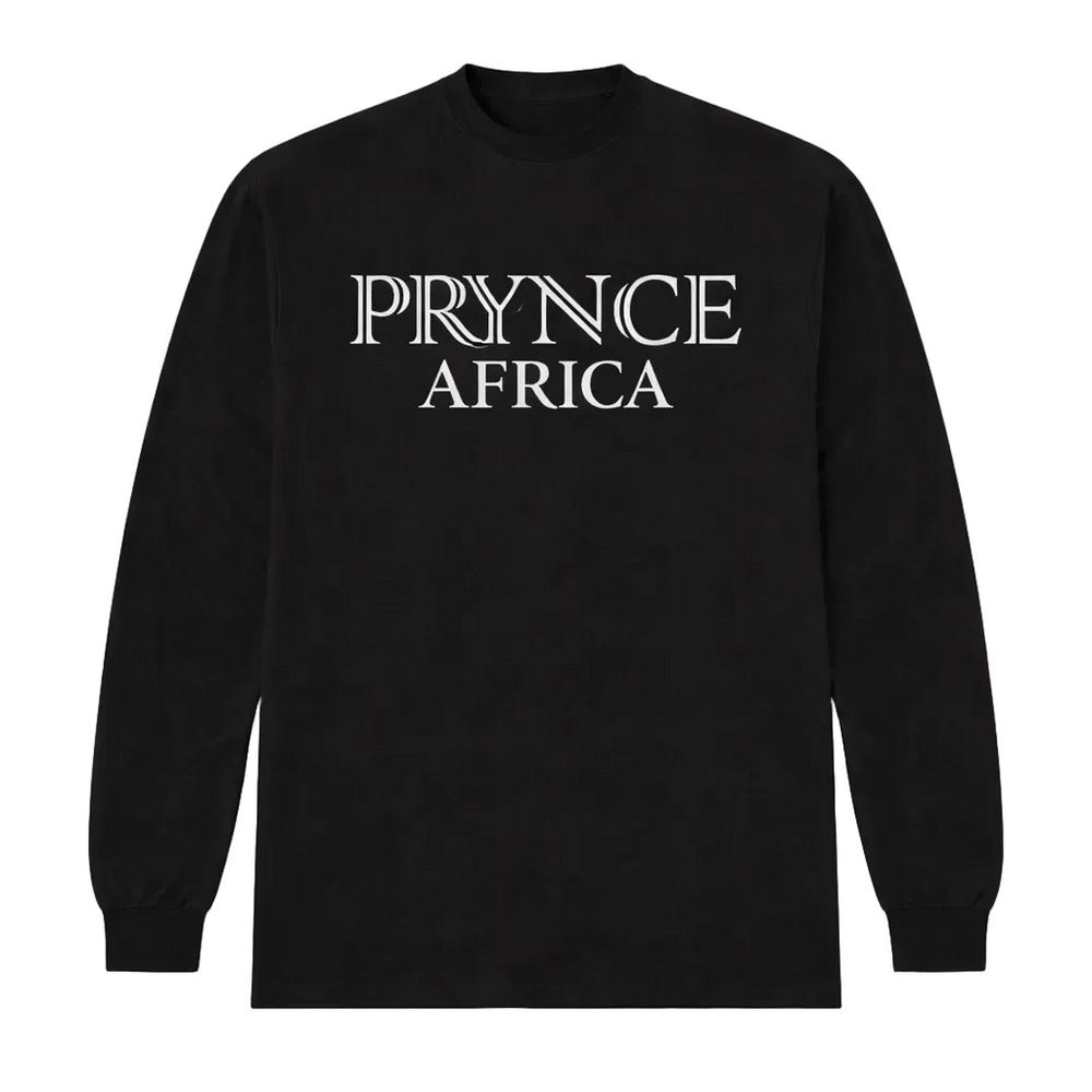 Black long-sleeve shirt with 'PRYNCE AFRICA' text on a white background