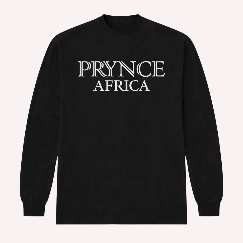 Black long-sleeve shirt with 'PRYNCE AFRICA' text on a white background