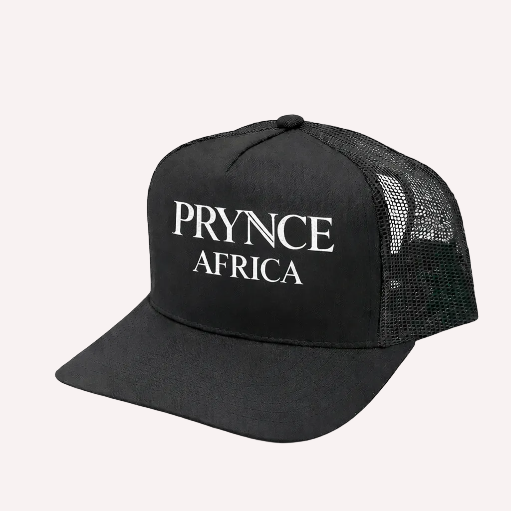 Black cap with 'PRYNCE AFRICA' text on a white background