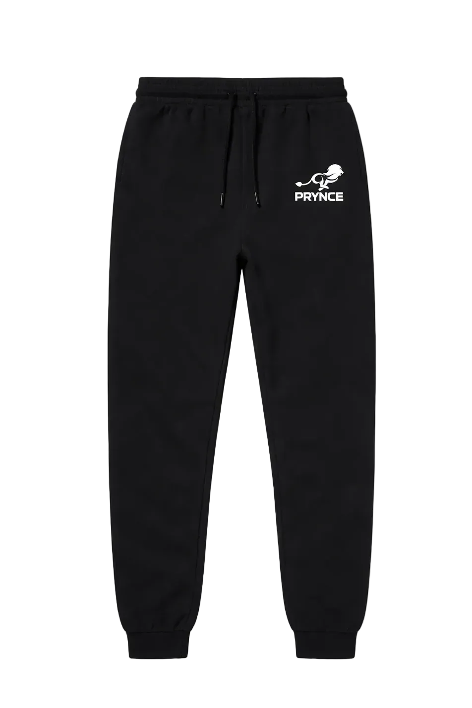 Black sweatpants with a logo on a white background