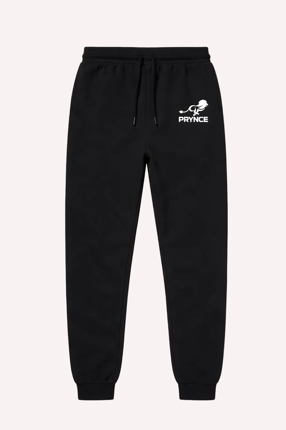 Black sweatpants with a logo on a white background