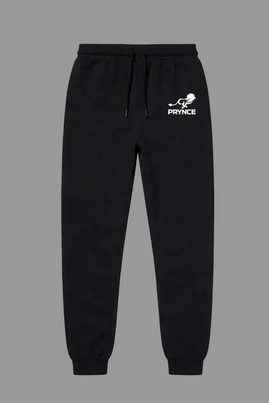 Black sweatpants with a logo on a white background