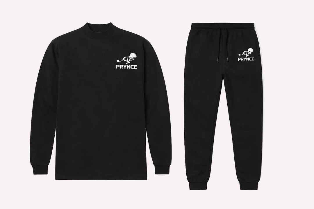 Black long-sleeve shirt and pants set with a logo on a white background