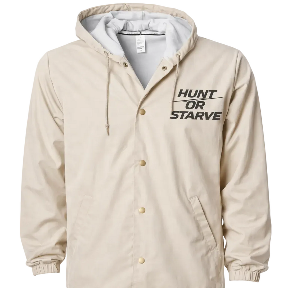 Beige jacket with 'Hunt or Starve' text on a white background